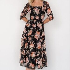Baltic Born Black Peach Pink Floral Midi Dress square neck fancy modest